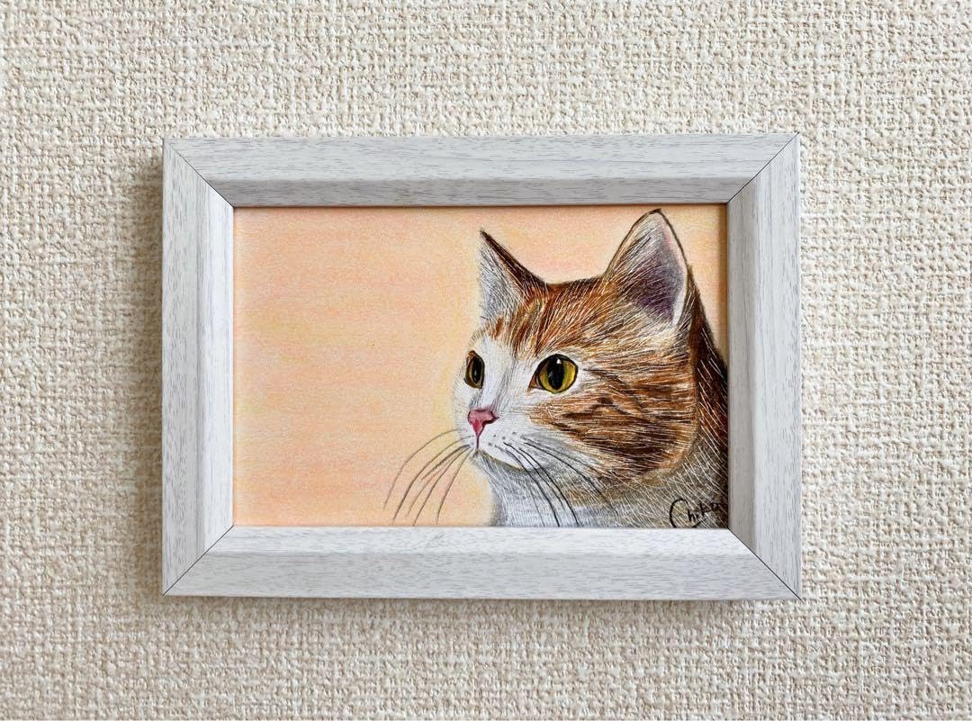 猫のパステル画 ピンク額縁付き
